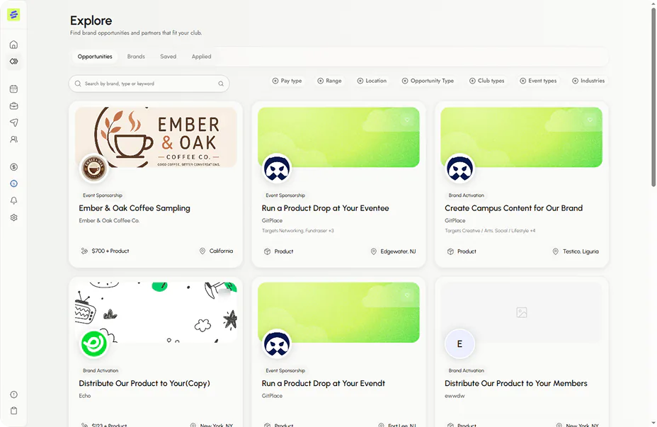 The current Swaya opportunity discovery workspace for student organizations